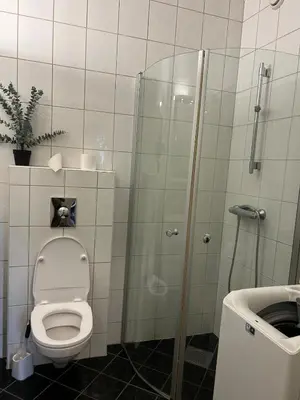 a bathroom with a toilet and a glass shower stall at Cozy place in the city center, Bergen! in Lii