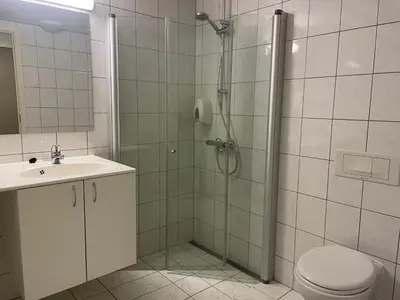 a bathroom with a shower and a toilet and a sink at Leilighet for 4 i sentrum in Beitostøl