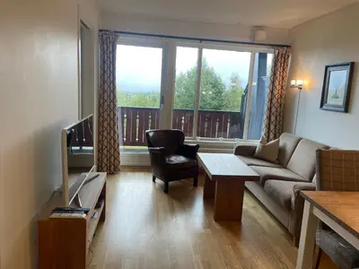 a living room with a couch and a large window at Leilighet for 4 i sentrum in Beitostøl