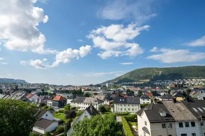 a city with houses and mountains in the background at Privat rom i koselig Bergenshus in Bergen