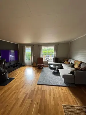 a living room with a couch and a tv at 75 sqm with terrace and garden in Elverum