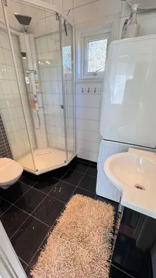a bathroom with a shower and a sink and a mirror at Litla Hyttå, Mosterhamn Bømlo in Mosterhamn