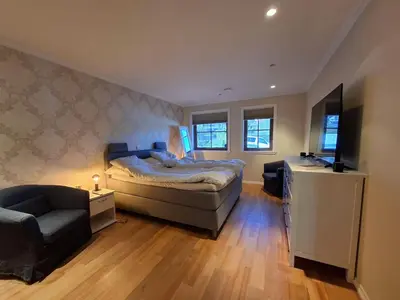 a bedroom with a bed and a couch and a television at Villa with lake view in Lunde