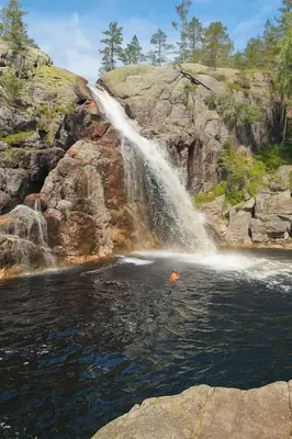 a waterfall in the middle of a pool of water at Cabin in Kongsberg, Jondalen in Kongsberg
