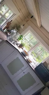 an overhead view of a kitchen with two windows at Cabin in Kongsberg, Jondalen in Kongsberg