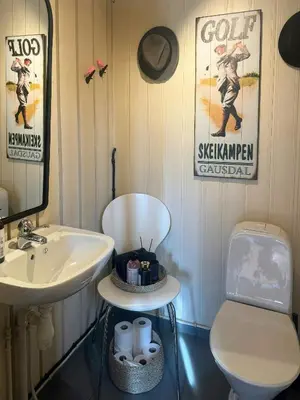 a bathroom with a sink and a toilet and a mirror at Cosy Family Cabin With Views And Sauna in Svingvoll