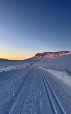 a road in the snow with the sun setting in the background at Beautiful apartment at Ustaoset in Hol