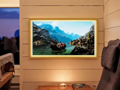 a painting of people in boats on the water on a wall at Holiday Home Lauvlid Cottage by Interhome in Tysnes