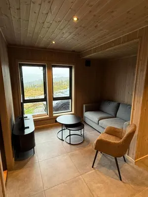 a living room with a couch and a table at Exclusive cabin with sauna and mountain view in Geilo in Hol