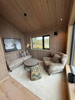 a living room with a couch and a table at Exclusive cabin with sauna and mountain view in Geilo in Hol