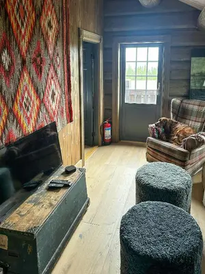 a dog laying on a couch in a living room at Log Cabin With Views Of Jotunheimen in Øyer