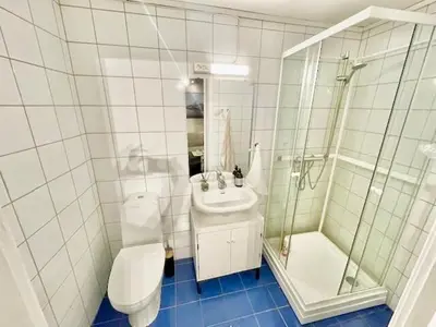 a bathroom with a toilet and a sink and a shower at Koselig leilighet ved Solsiden in Trondheim