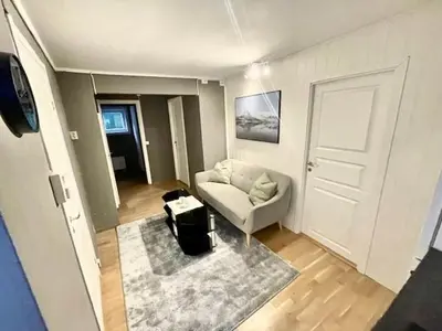 a living room with a white couch and a rug at Koselig leilighet ved Solsiden in Trondheim