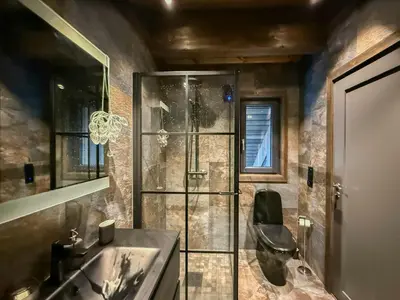a bathroom with a shower and a sink and a toilet at Modern Cabin With Mountain Views In Rauland in Rauland