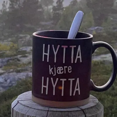 a black coffee cup with a spoon in it at Cabin with stunning views and outdoor jacuzzie in Leset