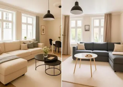 two pictures of a living room with a couch and tables at Twin Flats 1st Floor in Bergen Centre - Norwegians Minimum Age 25 in Bergen