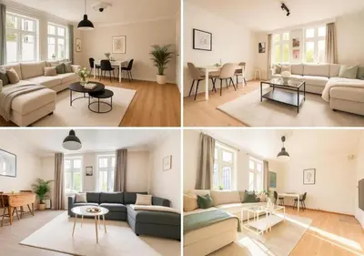 four different views of a living room and dining room at Quartet Bryggen Central - Quiet and Cozy - Norwegians Minimum Age 25 in Bergen
