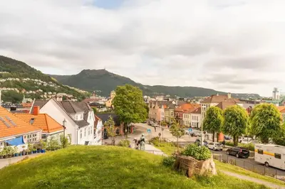 a view of a city with a hill in the background at Cozy loft with king bed in the middle of town in Bergen