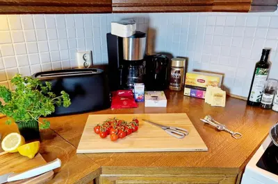 a bunch of tomatoes on a cutting board on a kitchen counter at King bed Great location Top floor in Bergen