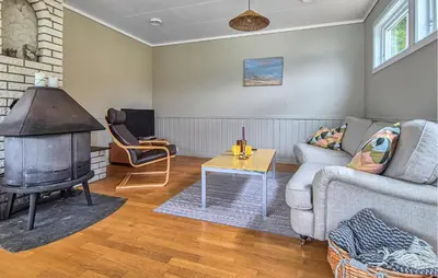 a living room with a couch and a fireplace at Awesome Home In Eidfjord With House Sea View in Eidfjord