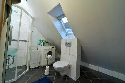 a bathroom with a toilet and a shower at Penthouse in Bergen