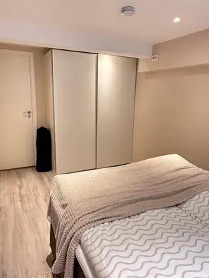 a bedroom with a bed and a closet at Free parking grand floor Apartment in Ålesund in Ålesund