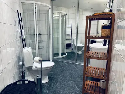 a bathroom with a toilet and a shower and a sink at Central Apt - Steps to Fish Market and Bryggen in Bergen