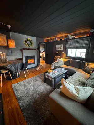 a living room with a couch and a fireplace at Charming cabin with lovely views at Geilo in Geilo