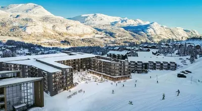 an aerial view of a ski resort in the snow at New apartment in Hemsedal Fjellandsbyen in Hemsedal