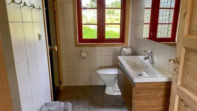 a bathroom with a toilet and a sink and windows at Cosy Cabin By Golsfjellet Ski Resort in Gol