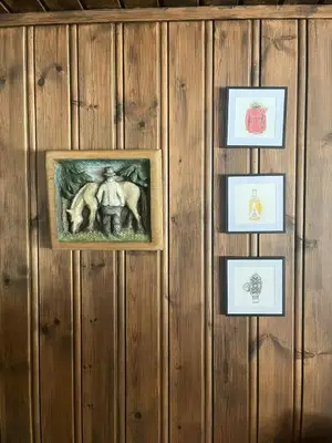 a wall with framed pictures on a wooden wall at Modern Mountain Cabin With Views Over Slokovannet in Nore