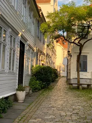 a cobblestone street in front of some buildings at Central studio apartment in Bergen