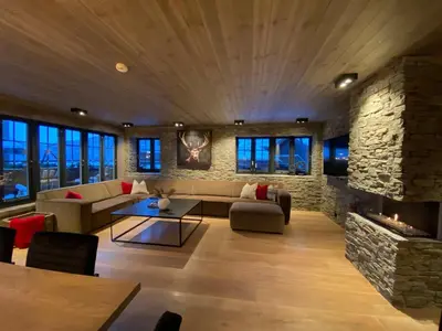 a living room with a couch and a stone fireplace at Hovden Alpin Lodge Appartement in Bykle