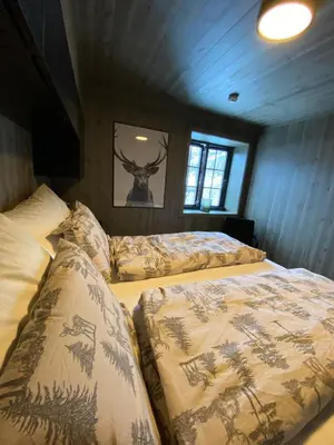 a bedroom with two beds and a deer picture on the wall at Hovden Alpin Lodge Appartement in Bykle