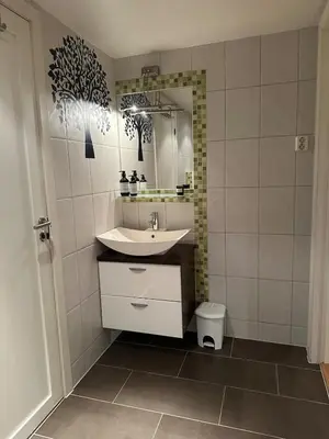 a bathroom with a sink and a mirror at Bright loft apartment in a Jugend-style building close to Brosund in Ålesund