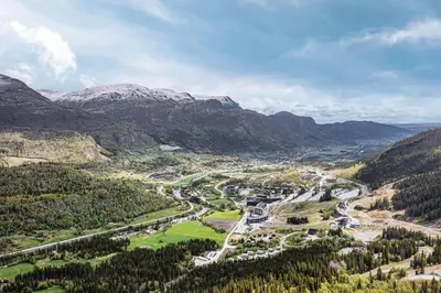 an aerial view of a valley in the mountains at Large Ski in-Ski out Apartment for Groups in Hemsedal