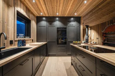 a kitchen with gray appliances and a wooden ceiling at Nyørk Chalet, Hemsedal in Hemsedal