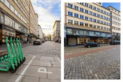 two pictures of a city street with a green bench at Torgalmenningen Town Square, Yet quiet, Elevator in building in Bergen