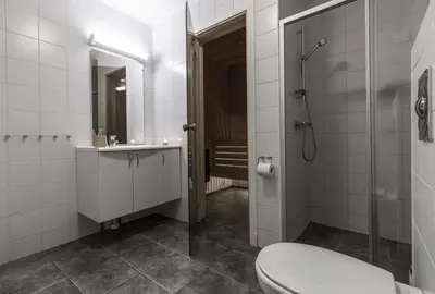 a bathroom with a toilet and a sink and a shower at Ski in-Ski out and True Mountain Charm in Hemsedal