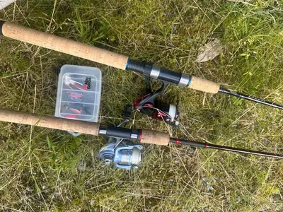 a fishing pole and a box on the grass at Nice cottage in quiet surroundings, surrounded by beautiful nature, near Gullingen in Gullingen
