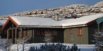 a house with snow on the roof in a village at Koselig og sentral hytte med peis og badstue in Beitostøl