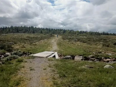 a person walking down a dirt road in a field at Log Cabin By Mostertoppen Ski Stadium in Øyer