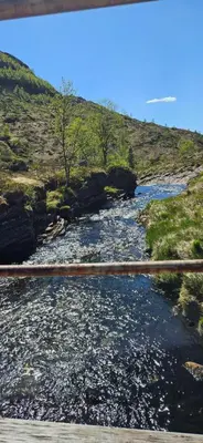 a bridge over a river with rocks and trees at Retro & Vintage Camping in Vaksdal