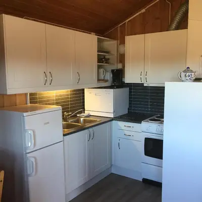 a kitchen with white cabinets and a sink and a refrigerator at Rauland Hytteutleige in Rauland