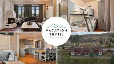 a collage of photos of a living room and a kitchen at Trysilfjell 752E by Vacation Trysil in Trysil