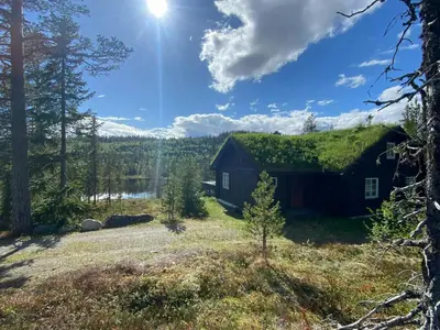a cabin with a grass roof with a lake in the background at Cabin By Trillemarka Nature Reserve in Eiddal