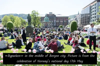a crowd of people sitting in the middle of a park at Spacious, central 3 BR house with parking in Bergen
