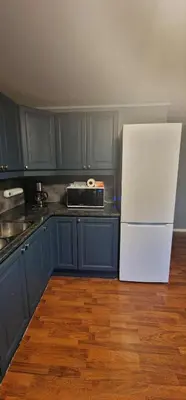 a kitchen with blue cabinets and a white refrigerator at Comfortable apartment near the city center and nature