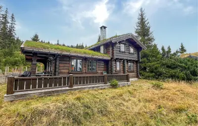 a log cabin with a grass roof on a field at Lovely Home In Sjusjøen With Sauna in Sjusjøen