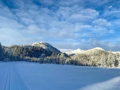 a snow covered field with mountains in the background at Modern Family Cabin By The Ski Trail In Tuddal in Tuddal